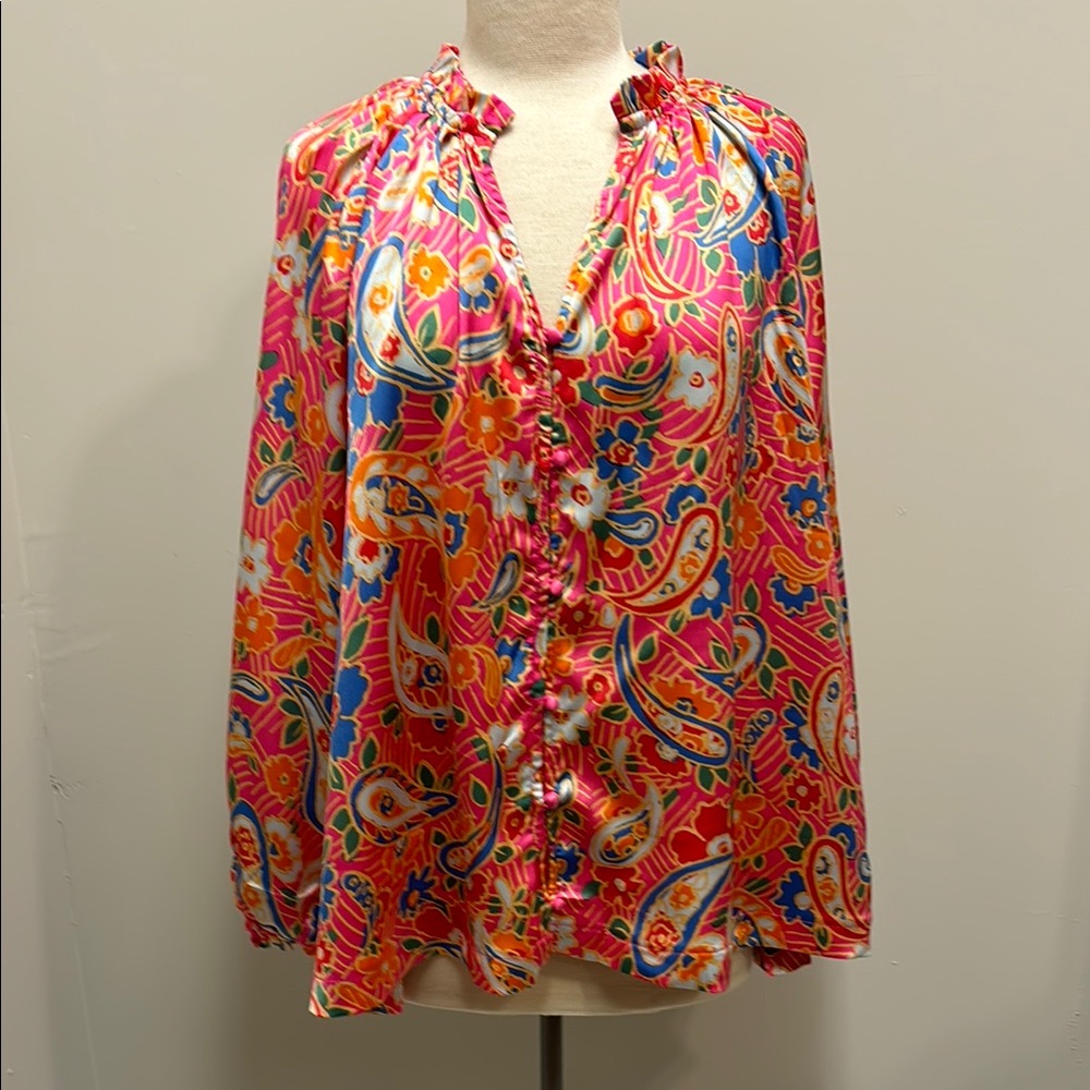 Umgee + Multi Paisley Print Blouse Top Split Neck Button Long Sleeves SZ 1XL